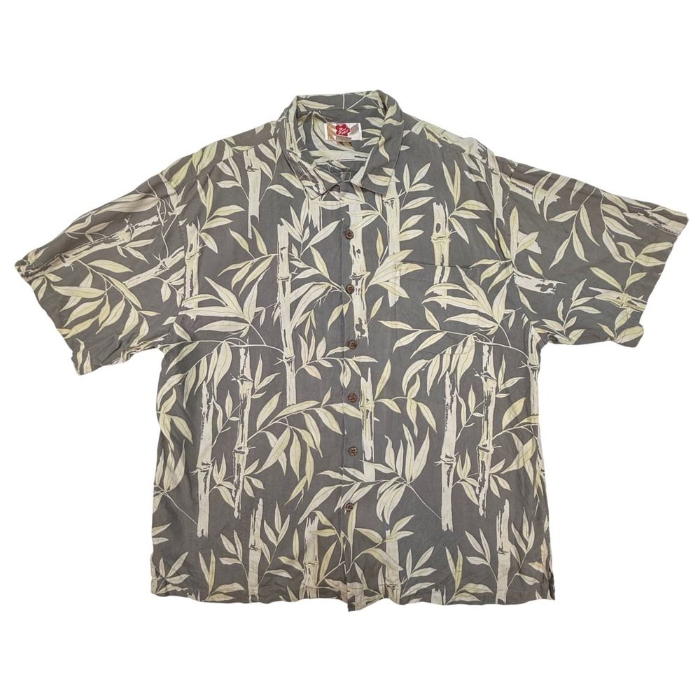 Hilo Hattie Hawaii Mens XL Silk Bamboo Print Aloha Shirt Gray Green Short Sleeve